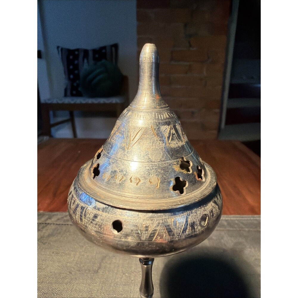 Vintage 8” Silver Toned Incense Burner- Bamboo Stem- Crosscut Outs- Brass? - Picture 2 of 6